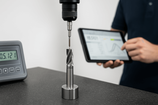 CMM probe inspecting a polished carbide tool