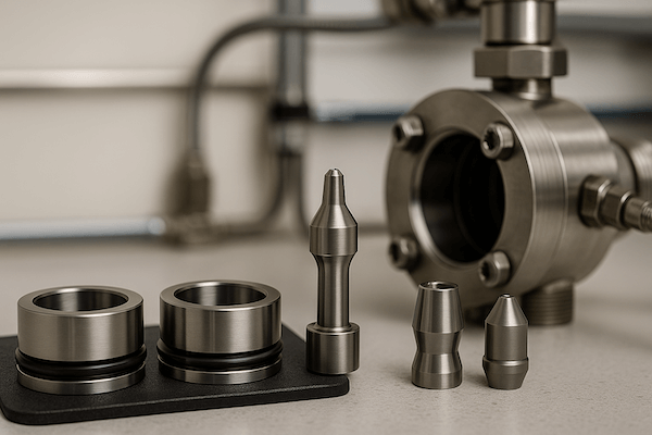 Tungsten carbide valve seats and cores
