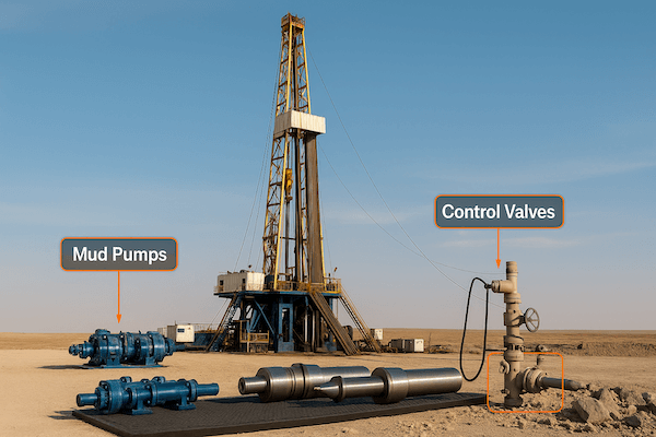 oilfield drilling rig with highlighted carbide-related components